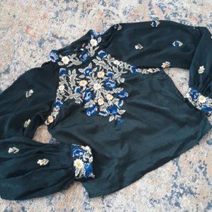 Free People Bell Sleeve Embroidered Blouse